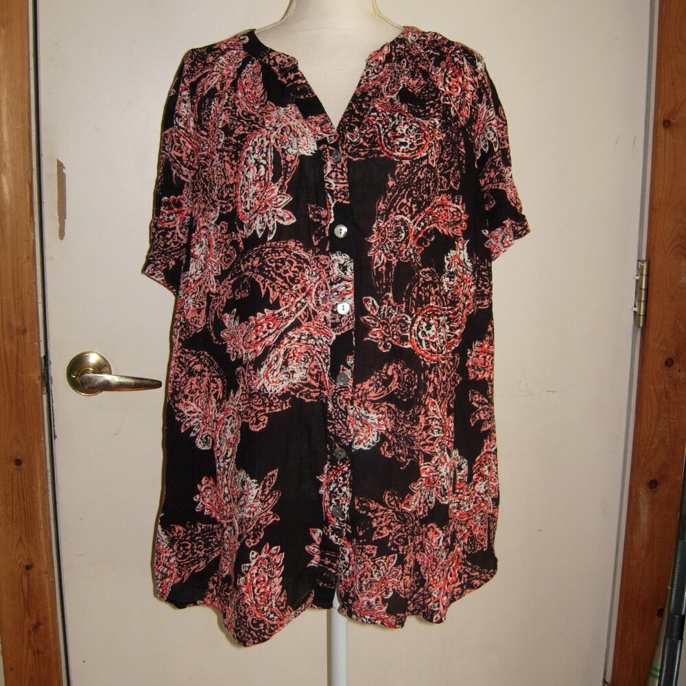 Roaman's Paisley Print Button Front Blouse 14W